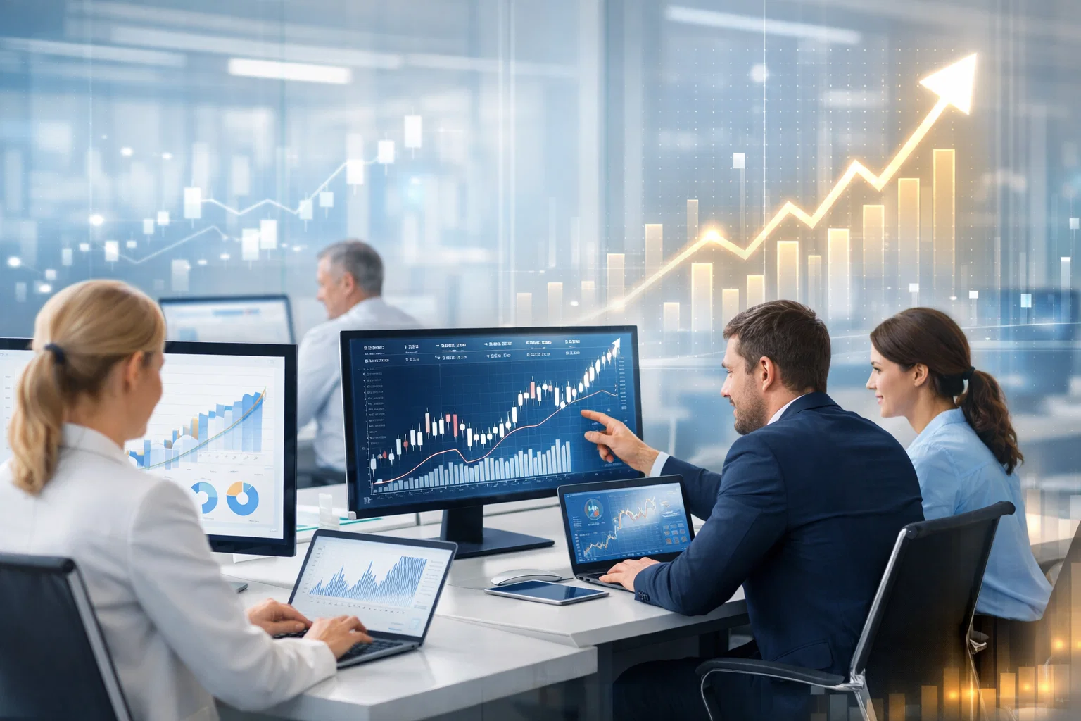 Accounting and finance team reviewing SEO growth dashboard with traffic and performance analytics.
