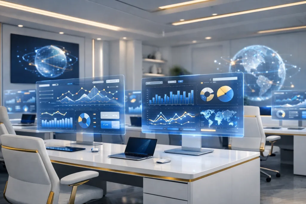 Seo analytics dashboard showing organic growth, traffic trends, and performance data in a modern office.