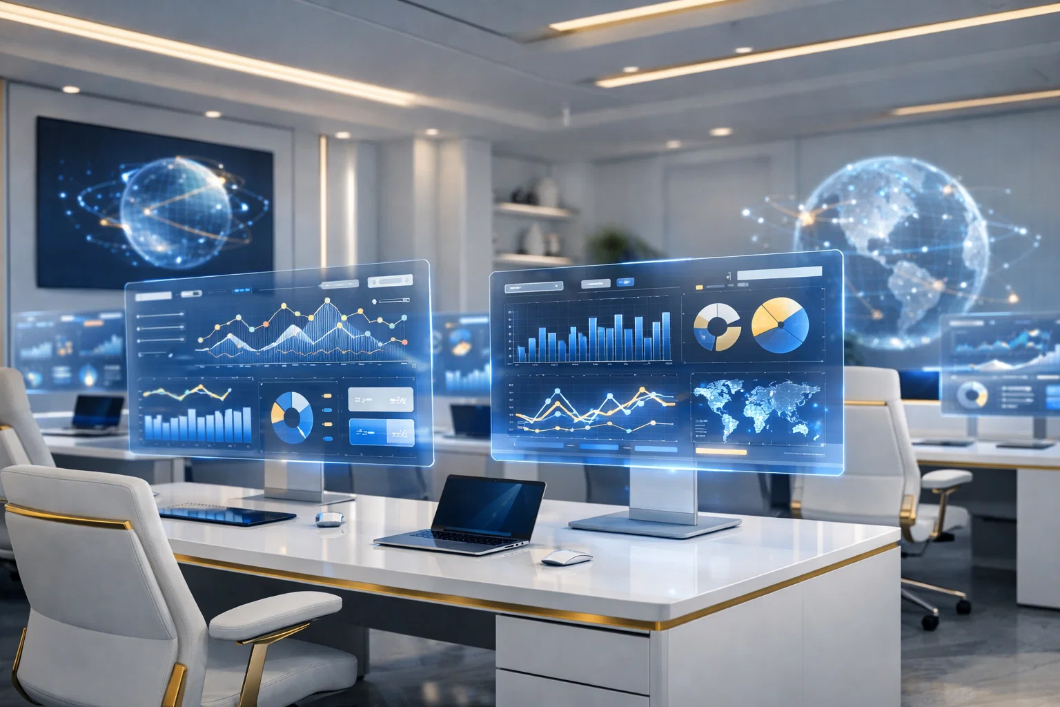 Seo analytics dashboard showing organic growth, traffic trends, and performance data in a modern office.