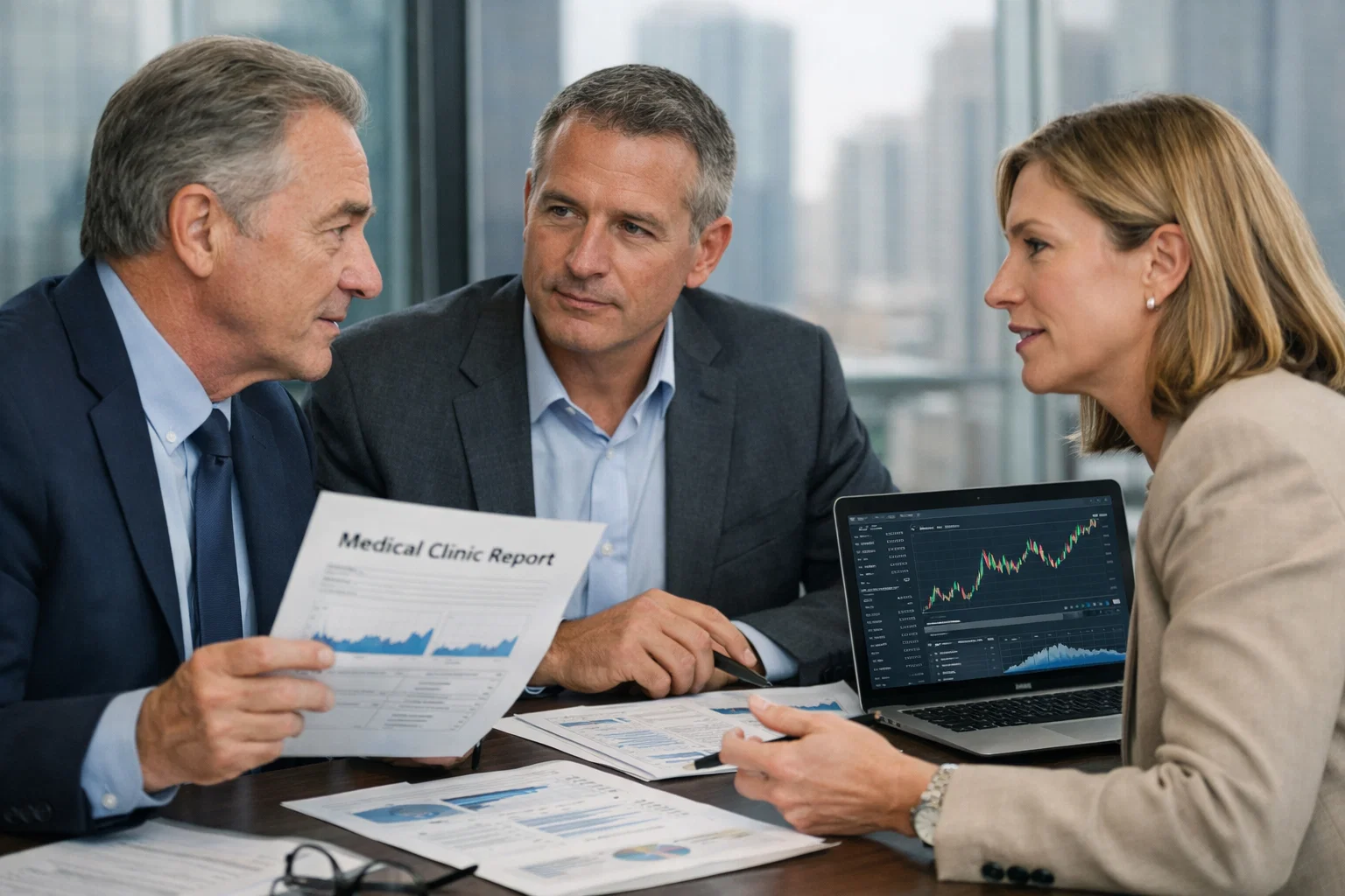Business professionals reviewing a medical clinic report and investment strategies in an office.