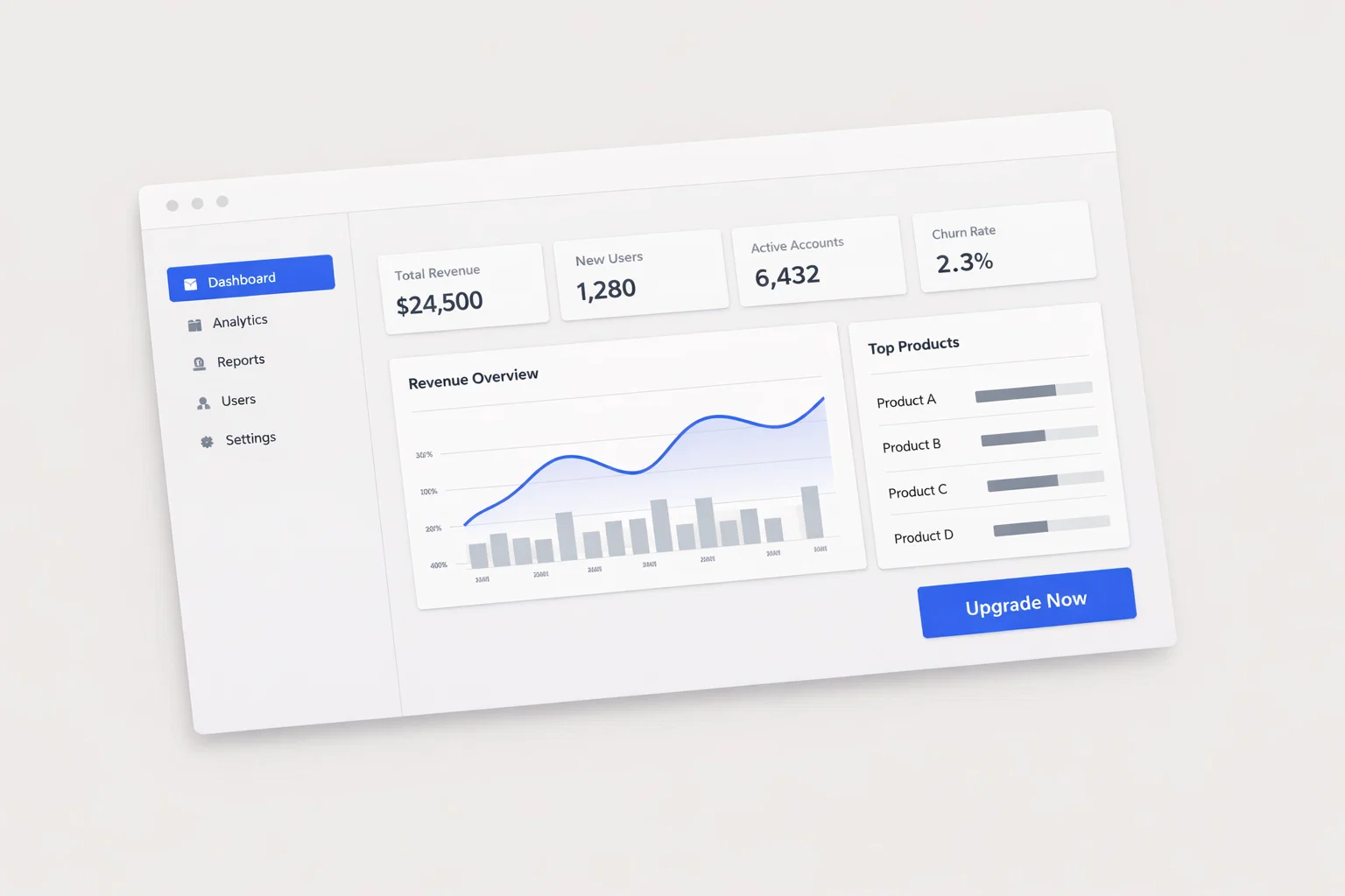 Analytics dashboard with revenue overview and top products panel.